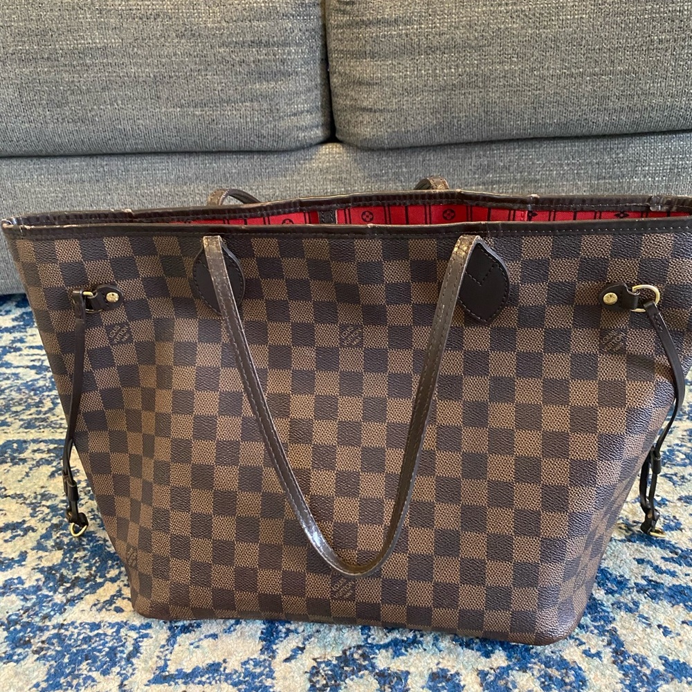 Louis Vuitton Brown Checkered Tote with Red Lining